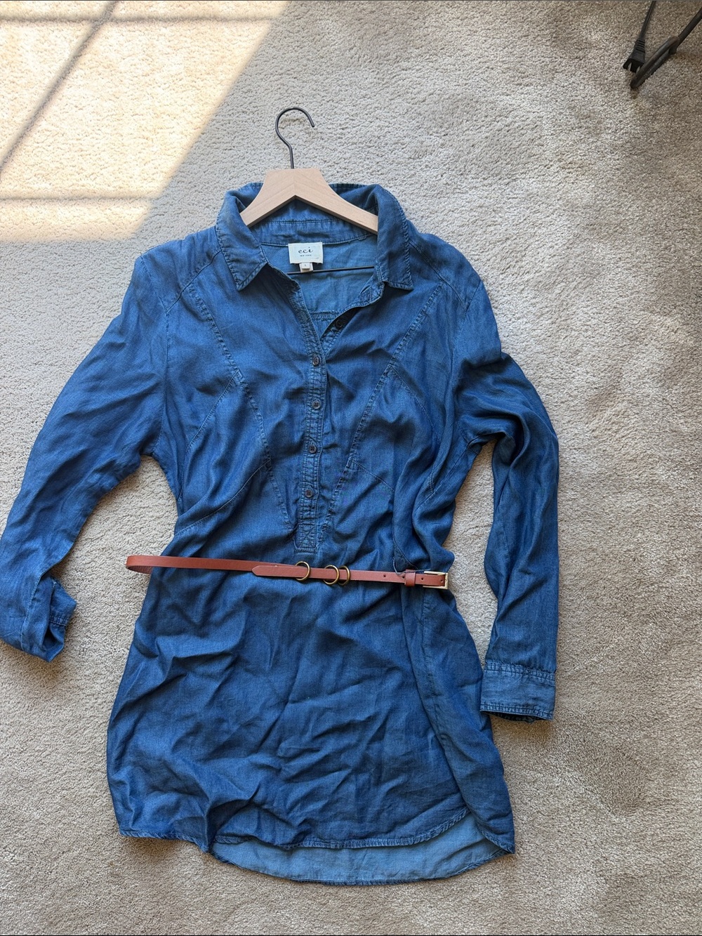 ECI Denim Shirt Dress in Blue with Brown Belt